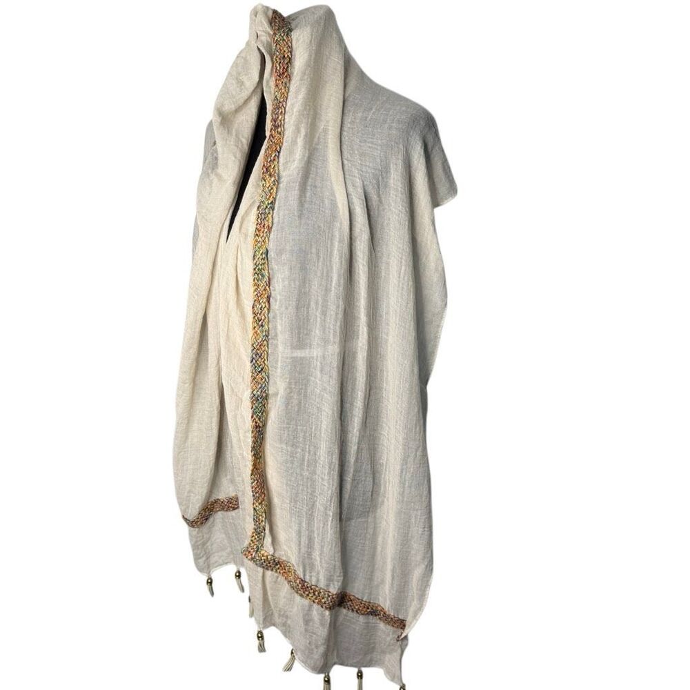 Boho Oversized Ivory Scarf Wrap Multicolor Braided Trim Tassels - Picture 3 of 9